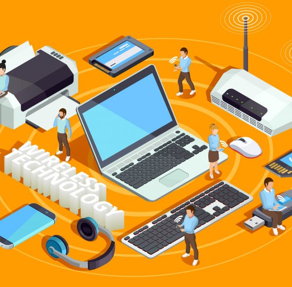 Wireless technology electronic devices isometric composition poster with laptop printer smartphone router and users orange background vector illustration